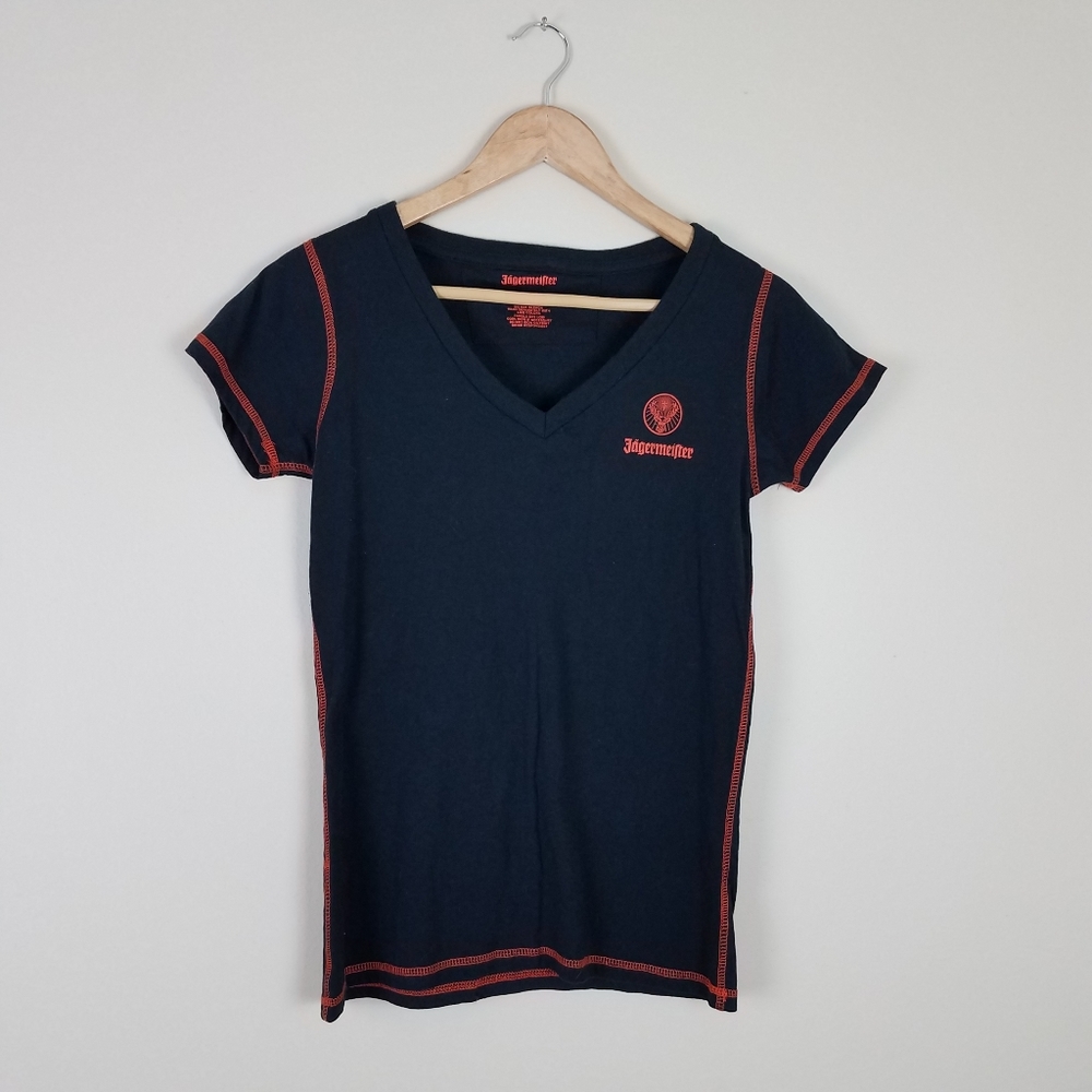 Jagermeister Cap Sleeve Blue/Orange V-neck Shirt